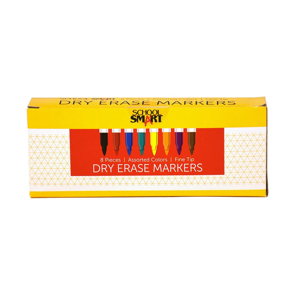 School Smart Dry Erase Pen Style Markers, Fine Tip, Assorted Colors, Pack of 8 1593097